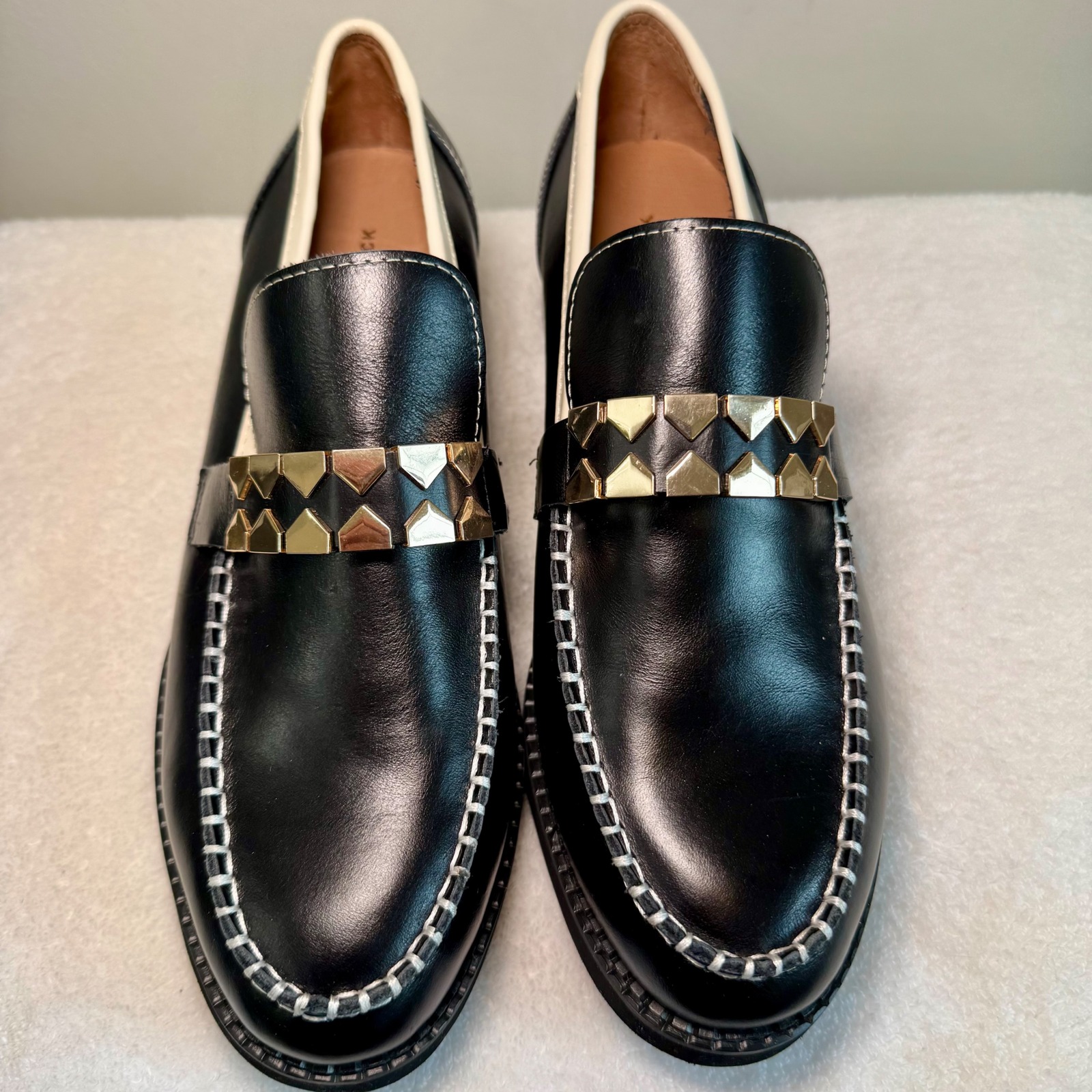 All Black Leather Clip & Stitch Slip On Loafers Contrast Stitching Size 40